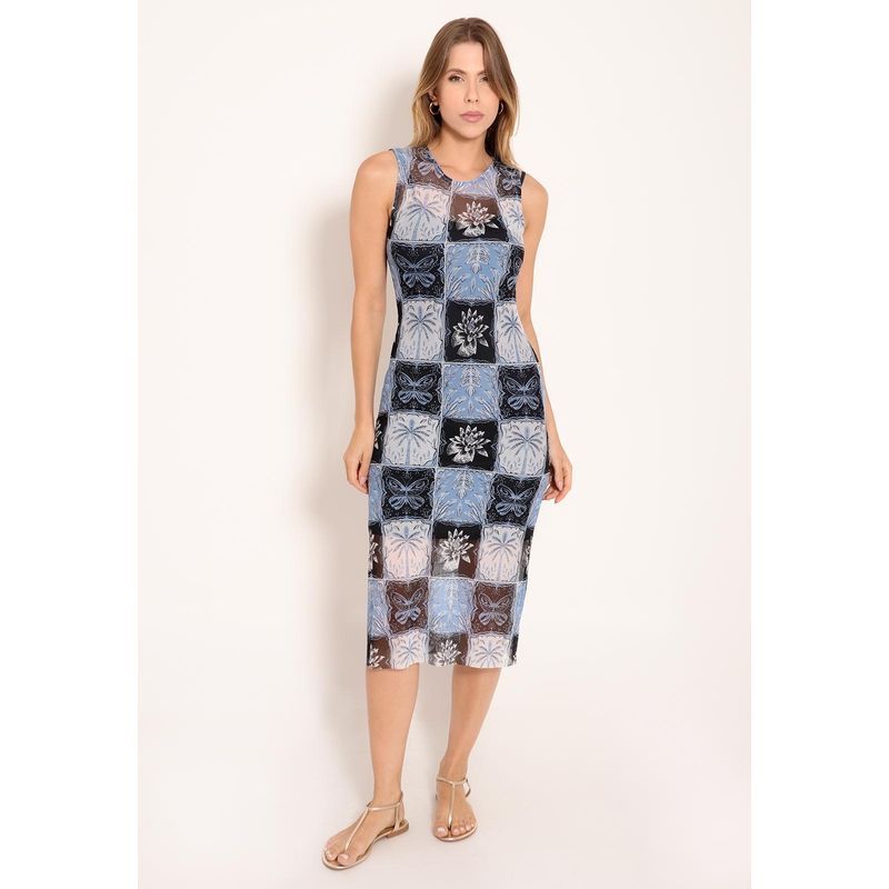Vestido Tule Midi Regata Gola Careca Stamp