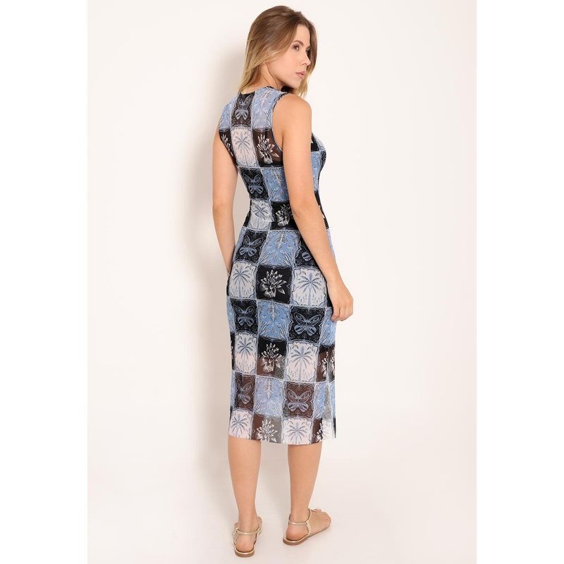 Vestido Tule Midi Regata Gola Careca Stamp