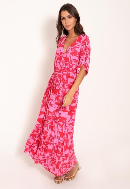 Vestido Midi Fluxy Com Babado Manga Curta - Pink Cajuart
