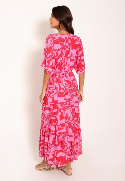 Vestido Midi Fluxy Com Babado Manga Curta - Pink Cajuart