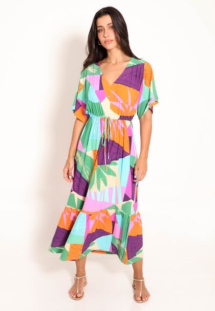 Vestido Midi Fluxy Com Babado Manga Curta Tapeçaria