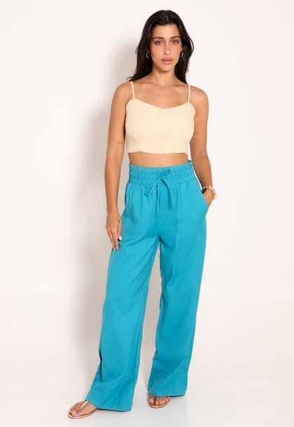 Calça Feminina Linho Pantalona com Bolsos Olimpia