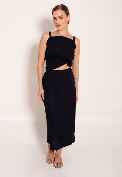Saia de Linho e Viscose Amber Midi C/ Fenda Lateral