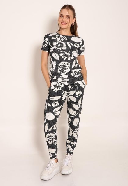 Calça Feminina Cós Alto com Bolsos e Punho na Barra Tropical Black