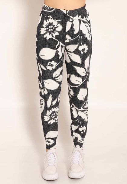 Calça Feminina Cós Alto com Bolsos e Punho na Barra Tropical Black