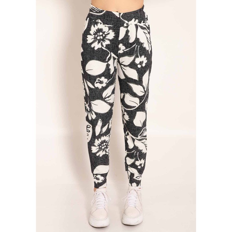 Calça Cós Alto Com Bolsos e Punho Na Barra Tropical Black