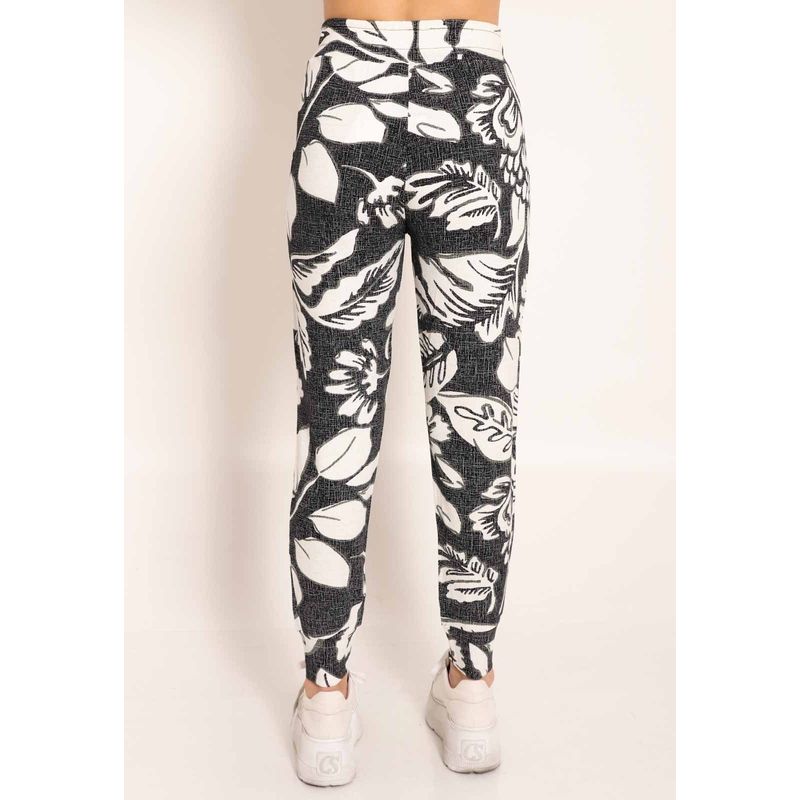 Calça Cós Alto Com Bolsos e Punho Na Barra Tropical Black