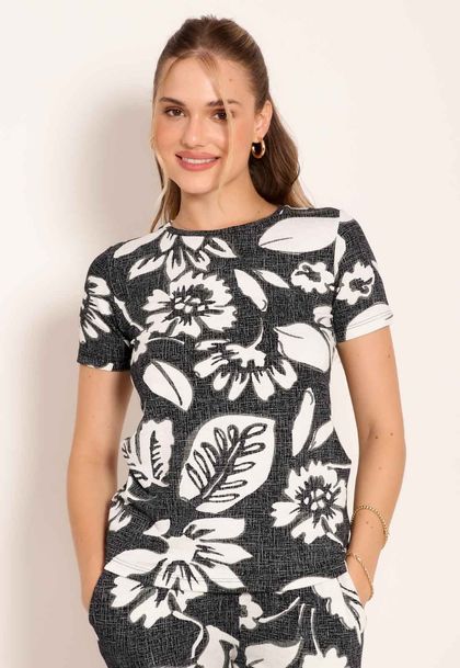 Blusa Feminina Manga Curta Gola Canoa Tropical Black