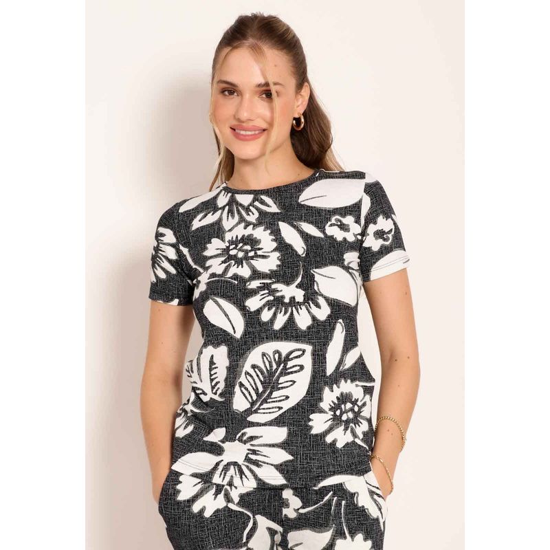 Blusa Feminina Manga Curta Gola Canoa Tropical Black