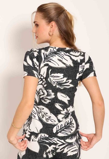 Blusa Feminina Manga Curta Gola Canoa Tropical Black