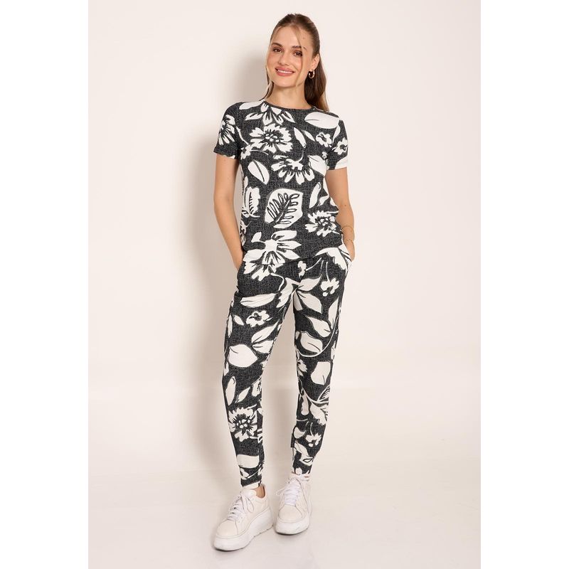 Blusa Feminina Manga Curta Gola Canoa Tropical Black