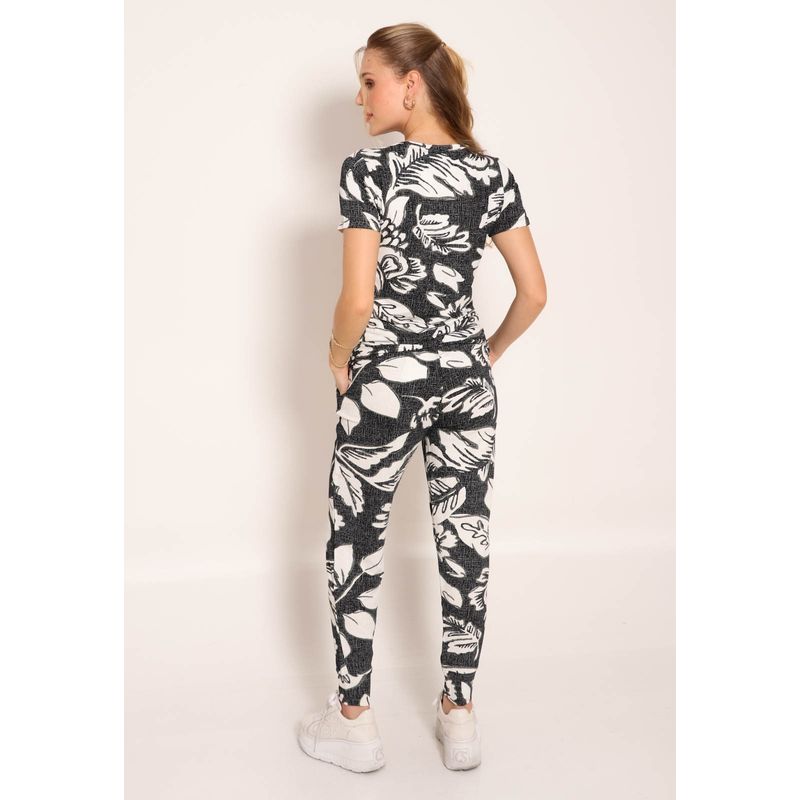 Blusa Feminina Manga Curta Gola Canoa Tropical Black