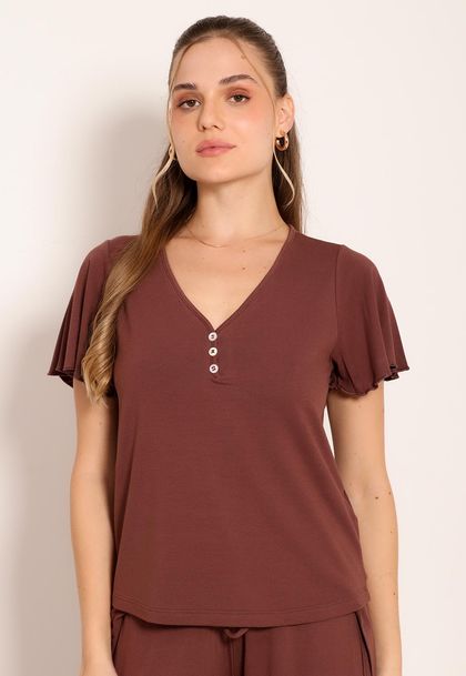Blusa Feminina Gola V com Botões Decorativos