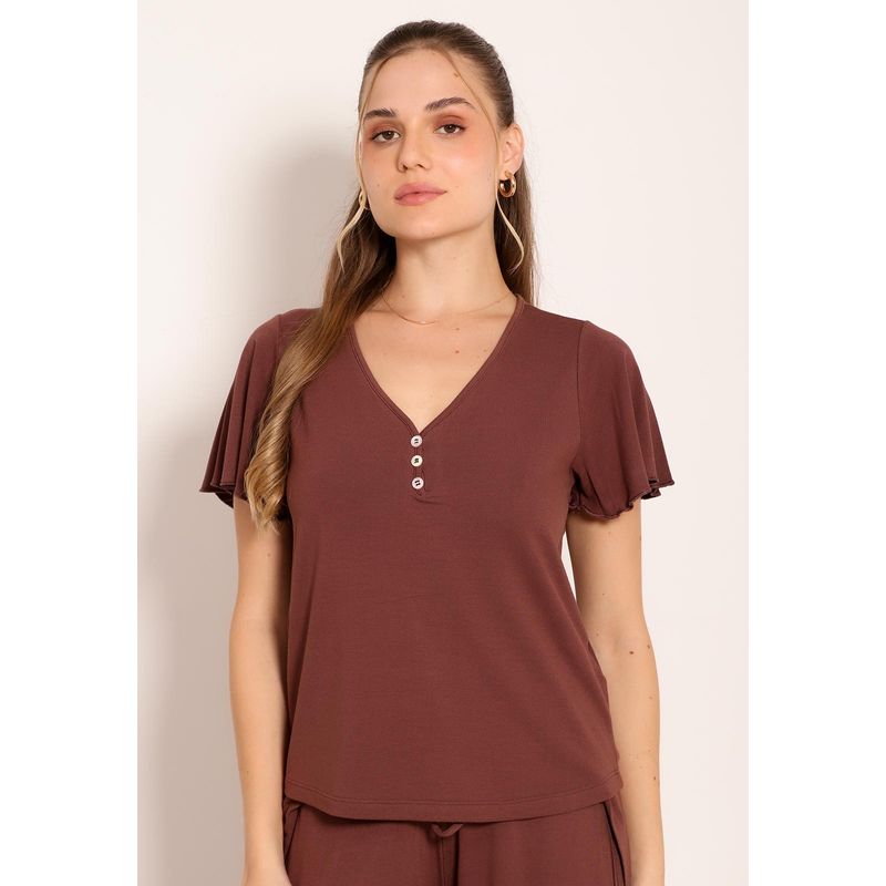 Blusa Feminina Gola V com Botões Decorativos