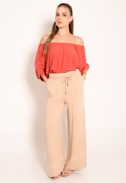Calça Pantalona Bolso Frontal e Cordão de Ajuste