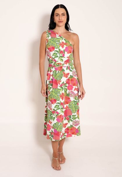 Vestido Fluxy Ombro Único com Cinto Ajustável - Jardim