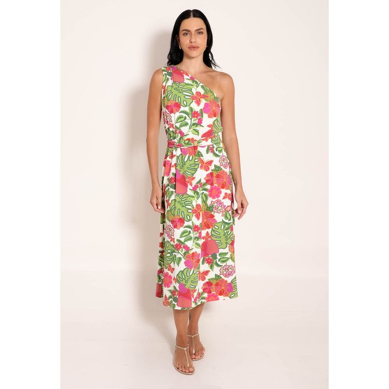 Vestido Fluxy Ombro Único com Cinto Ajustável - Jardim