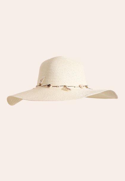 Chapéu de Palha Aba Larga com Detalhe Off White
