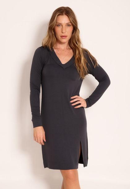 Vestido Manga Longa Gola V Com Fenda