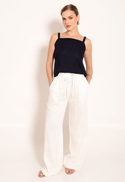 Calça Linho Pantalona Com Bolsos