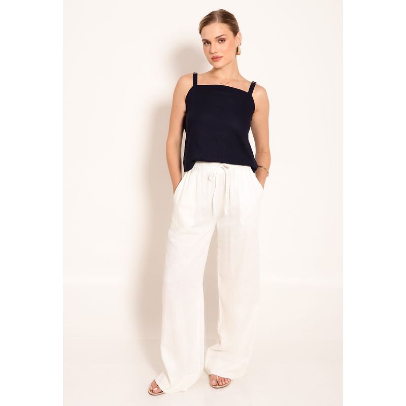 Calça Linho Pantalona Com Bolsos