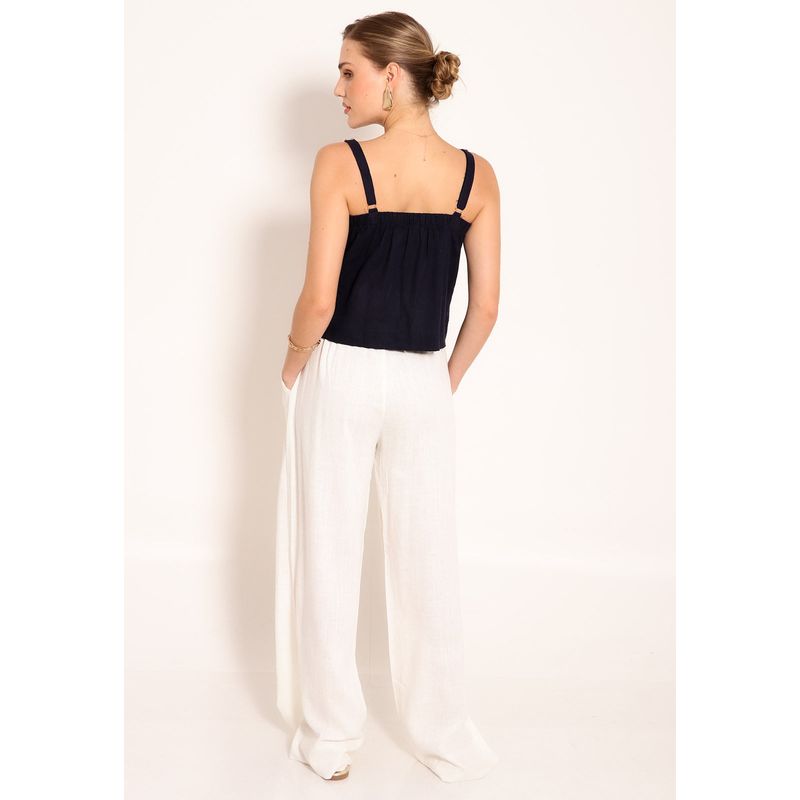 Calça Linho Pantalona Com Bolsos