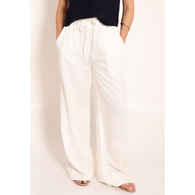 Calça Linho Pantalona Com Bolsos