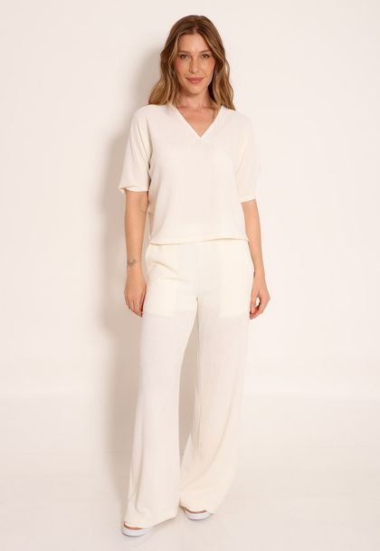 Calça Pantalona em Tricot Com Forro Finlandia