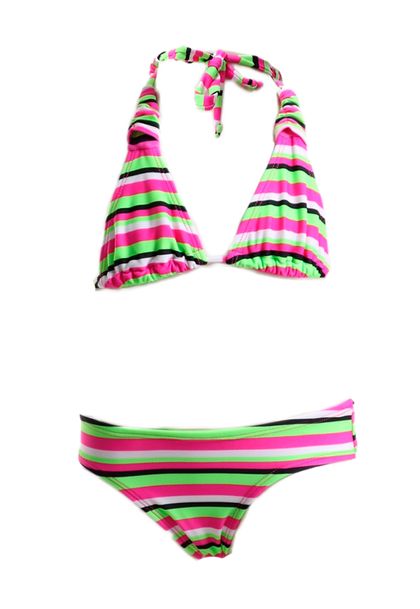 Conjunto de Biquíni Infantil Listrado Branco e Rosa
