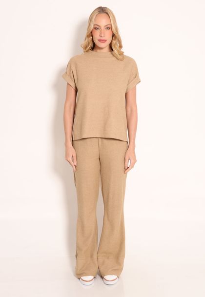 Calça Texturizada Aspen Pantalona Com Bolso e Cós Alto