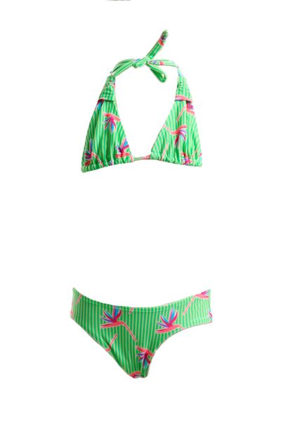 Conjunto de Biquíni Infantil Estampa Coral e Verde Listras