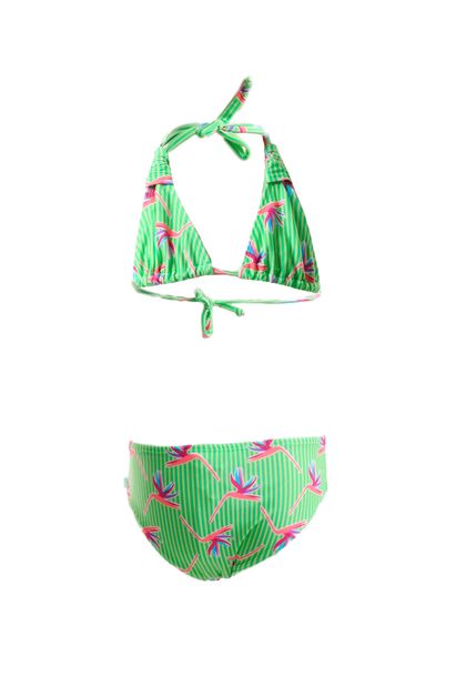 Conjunto de Biquíni Infantil Estampa Coral e Verde Listras