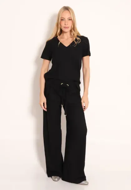 Conjunto Blusa Mullet e Calça Moletinho Pantalona Com Cordão
