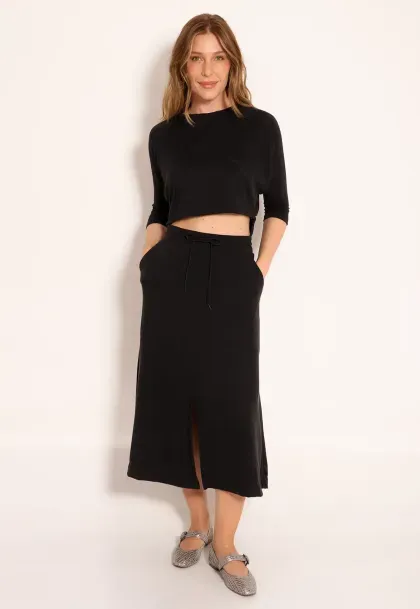 Conjunto Cropped Manga Curta e Saia Gode Jacq Stanford