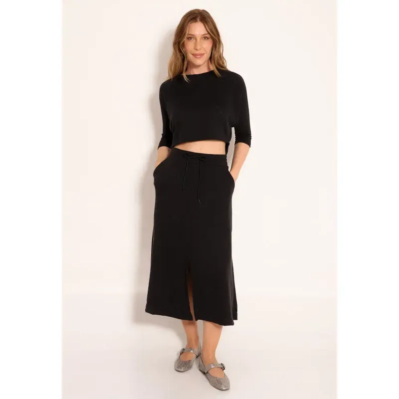Conjunto Cropped Manga Curta e Saia Gode Jacq Stanford