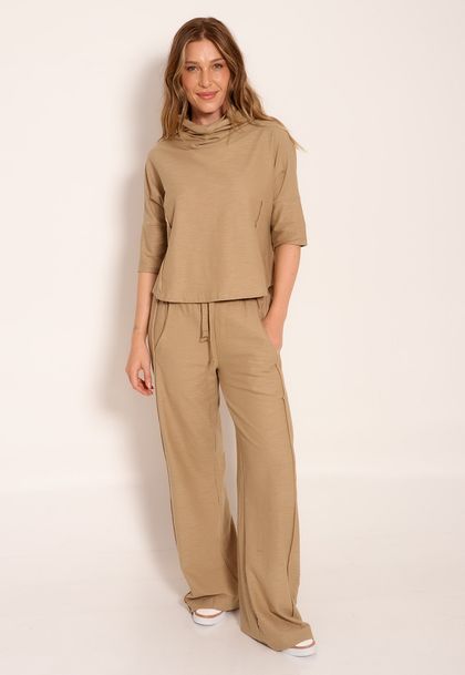 Conjunto Blusa Manga 7/8 e Calça Moletinho Pantalona