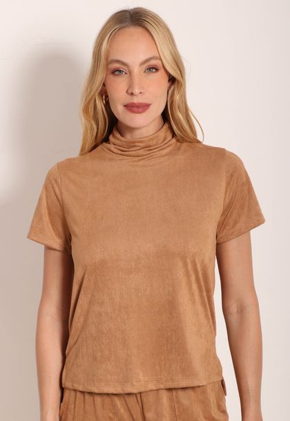 Blusa Suede Gola Alta Com Fendas Laterais