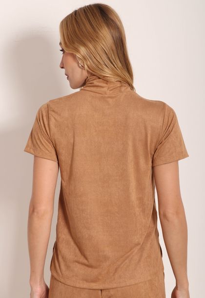 Blusa Suede Gola Alta Com Fendas Laterais