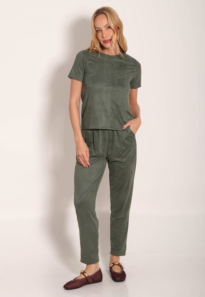 Calça Suede Reta Com Bolso Chapado