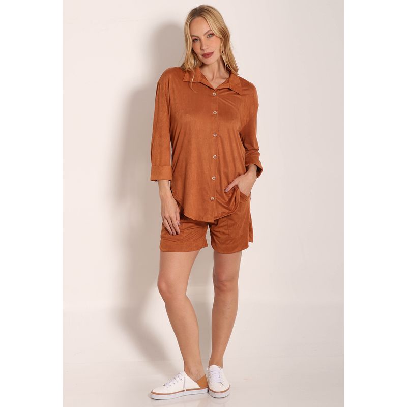 Conjunto Camisa Manga 3/4 Mullet e Short Com Bolso Suede