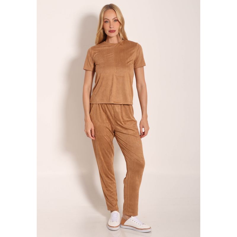 Conjunto Camiseta Casual e Calça Reta Com Bolso Suede
