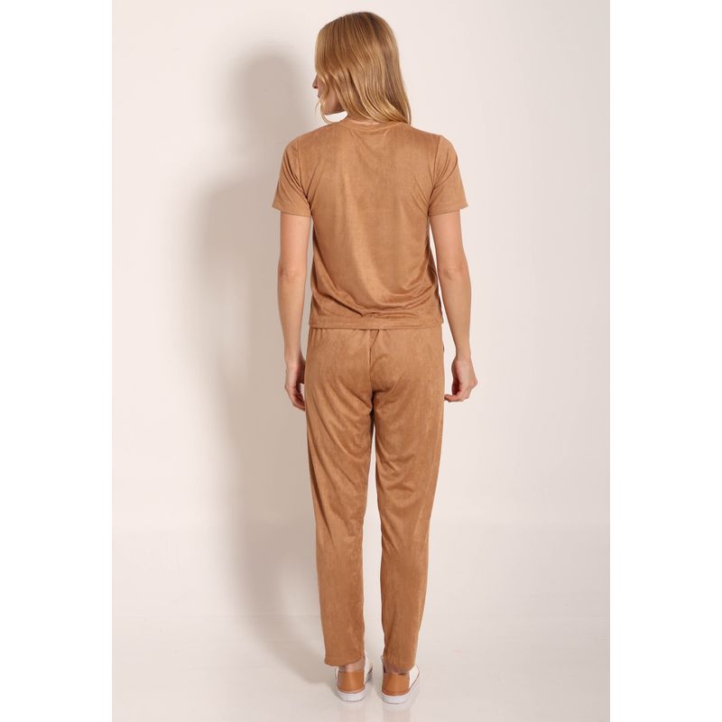 Conjunto Camiseta Casual e Calça Reta Com Bolso Suede