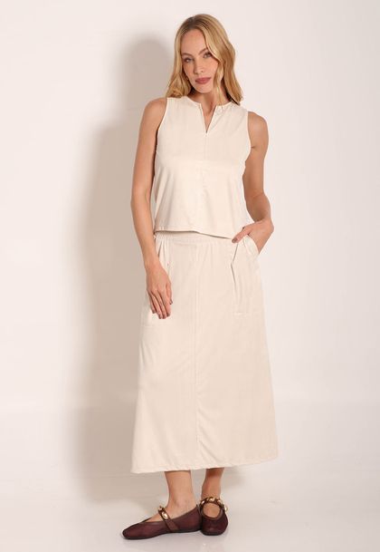 Saia Suede Midi Com Bolso Chapado