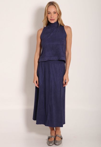 Saia Suede Midi Com Bolso Chapado