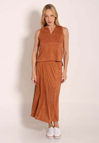 Saia Suede Midi Com Bolso Chapado