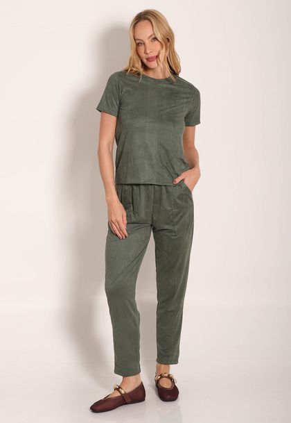 Calça Suede Reta Com Bolso Chapado