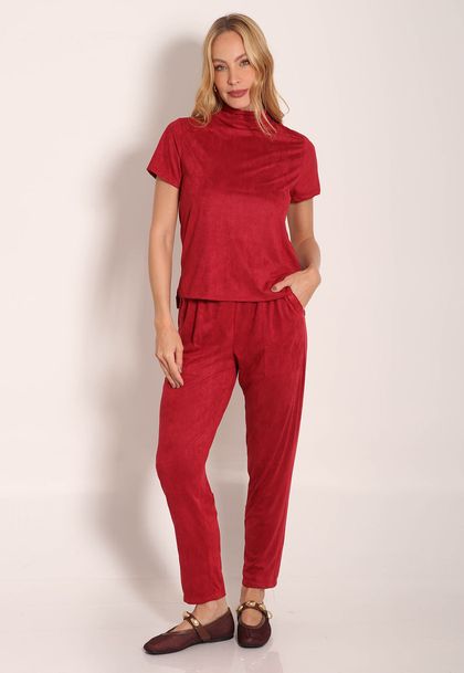 Calça Suede Reta Com Bolso Chapado