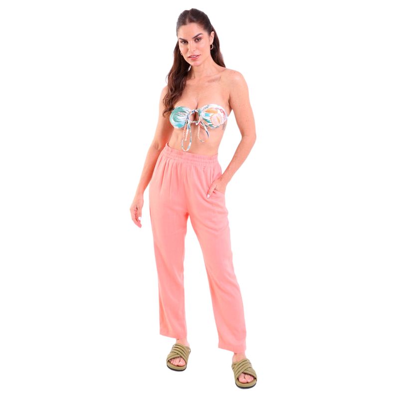 Calça Linho Reta Com Bolsos Areia