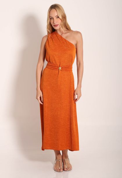 Vestido Rilievo Um Ombro Com Cinto