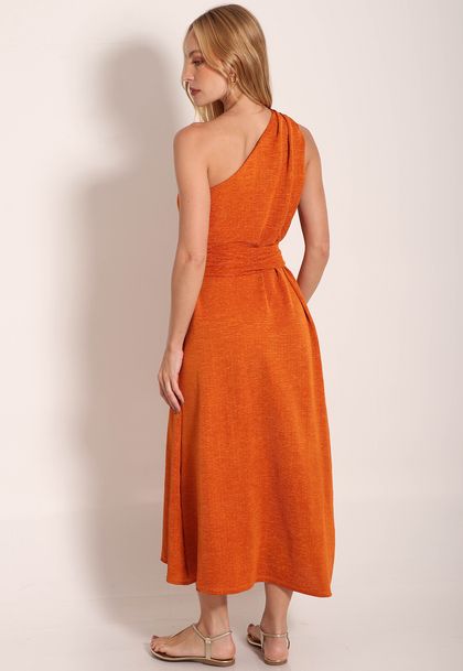Vestido Rilievo Um Ombro Com Cinto